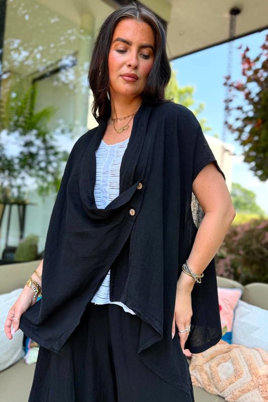 Sandbar Linen Blend Drape Front Cap Sleeve Gilet Black
